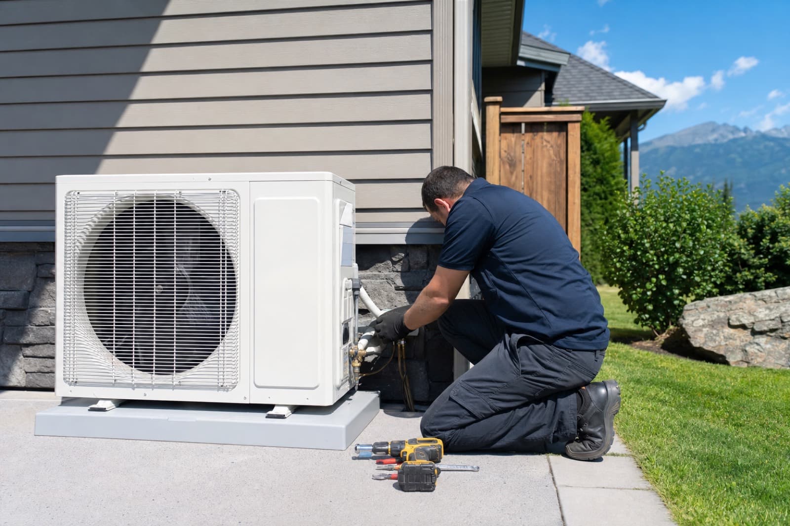 Technician commissioning a newly installed central air conditioning system at a Surrey home